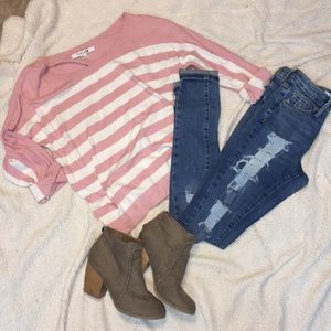 Pink and Cream Off One Shoulder Sweater